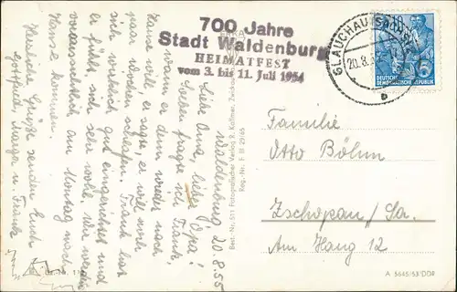 Waldenburg (Sachsen) Grünfelder  Waldenburg Heimatfest"  mit Sonderstempel 1955