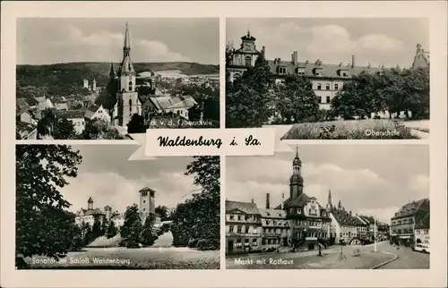 Waldenburg (Sachsen) DDR Mehrbild-AK mit Oberschule, Schloß, Markt Rathaus 1954