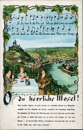 .Rheinland-Pfalz Liedkarte "O du herrliche Mosel" Weintrinker mit Panorama 1920