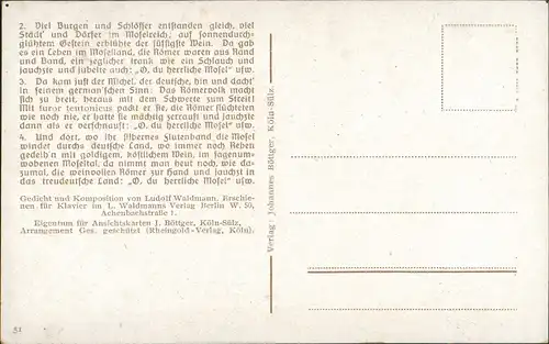 .Rheinland-Pfalz Liedkarte "O du herrliche Mosel" Weintrinker mit Panorama 1920