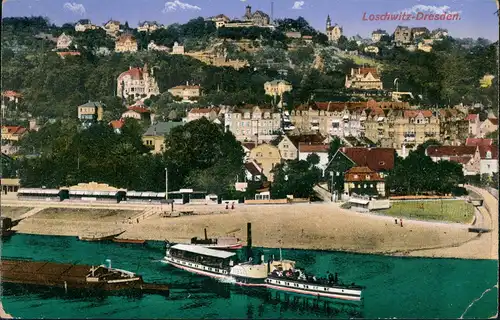 Loschwitz-Dresden Panorama-Ansicht mit Elbe und Schiff Dampfer Anlegestelle 1910