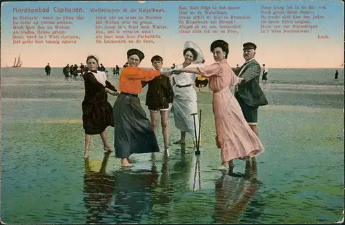 Ansichtskarte Cuxhaven Strand Wattläufer Gesellschaft "bi de Kugelbaak" 1910