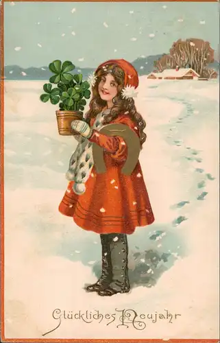 Glückwunsch Neujahr Silvester Mädchen mit Kleeblatt Topf 1908 Prägekarte