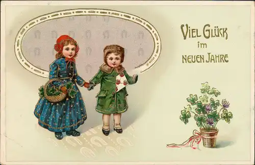 Glückwunsch Neujahr Silvester 2 Kinder Glück Neues Jahr 1914 Goldrand