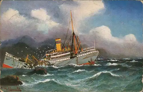 Künstlerkarte Marine "Durchgebrochen" Dampfer Havarie mit Schiff 1908