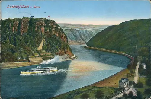 Sankt Goar Rheintal an der Loreley Rhein Schiff Dampfer passiert den Felsen 1911
