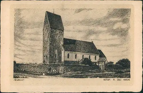 Keitum (Sylt) Kejtum / Kairem Künstlerkarte, Zeichnung, Kirche 1920