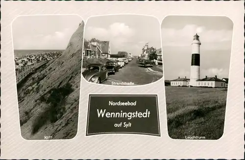 Gemeinde Sylt Mehrbild-AK mit Kliff, Autos in der Strandstraße, Leuchtturm 1955