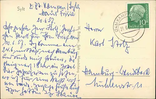 Gemeinde Sylt Teilansicht Wohnhäuser am Strand 1957   gel  Stempel KAMPEN