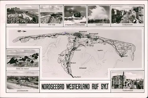 Westerland-Gemeinde Sylt Mehrbild-AK Landkarte, Hindenburg-Damm, Plätze 1954