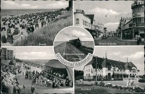Gemeinde Sylt Mehrbild-AK ua. Friedrichstrasse, Strand, Musik-Pavillon 1960