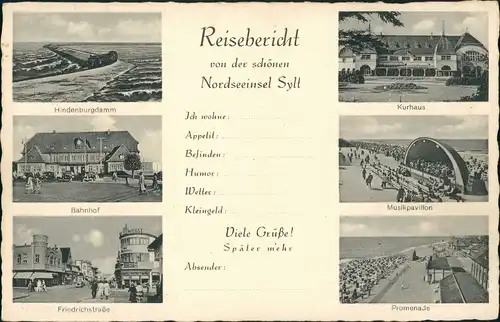 Gemeinde Sylt Mehrbild-AK mit Reisebericht, Bahnhof, Hindenburg-Damm uvm. 1950