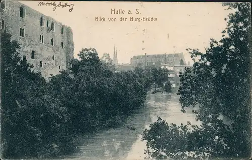 Halle (Saale) Blick von der Burg-Brücke, Fluss Saale Partie 1919