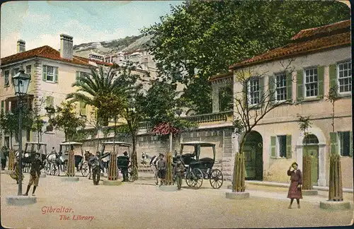 Gibraltar Strassen Partie Bücherei, Pferde Kutschen, Library 1910