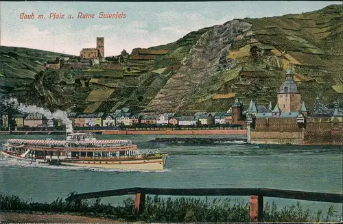 Ansichtskarte Kaub Stadt und Rheinschiff - Künstlerkarte 1913