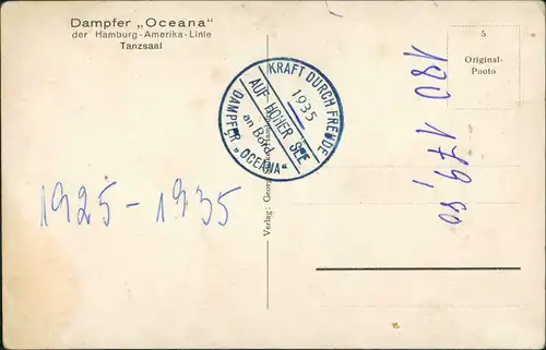 Ansichtskarte  Schiffe/Schifffahrt - Dampfer Oceana Tanzsaal Bordstempel 1935