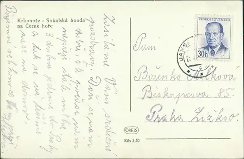 Postcard .Tschechien Krkonoše Sokolská bouda na Černé hoře 1955