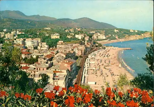 Cartoline Celle Ligure Çelle Blick auf die Stadt, Strand 1970