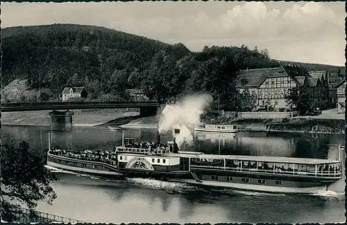 Bodenwerder Oberweser Weserpartie Schiff Binnenschiff passiert Brücke 1950