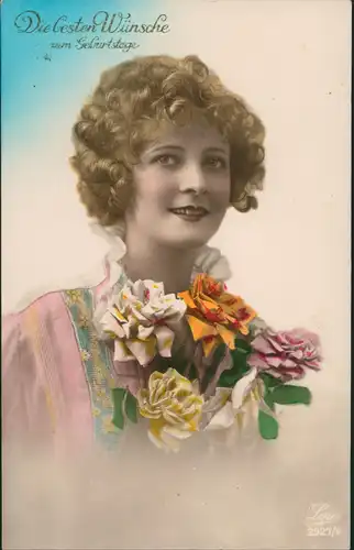 Glückwunsch Grußkarte Geburtstag Frau Mädchen mit Blumen 1920