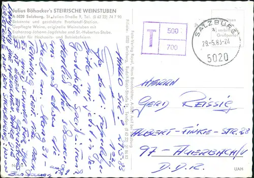 Ansichtskarte Salzburg  WEINSTUBEN 1983   unfrankiert mit T-Stempel gelaufen