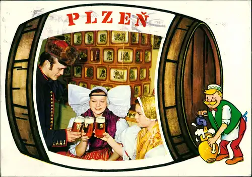 Pilsen Plzeň POZDRAV Z PLZNĚ Personen in Tracht beim Bier-Trinken 1976