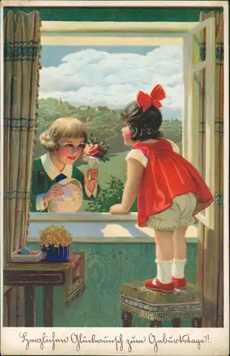 Glückwunsch/Grußkarten: Geburtstag Junge Mädchen am Fenster+ 1928