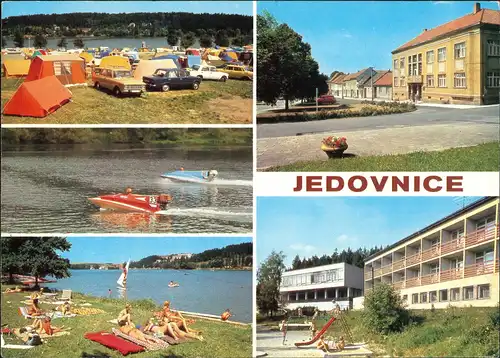 Jedownitz Jedovnice Mehrbild-AK mit Speedboot-Rennen und Camping-Platz 1980