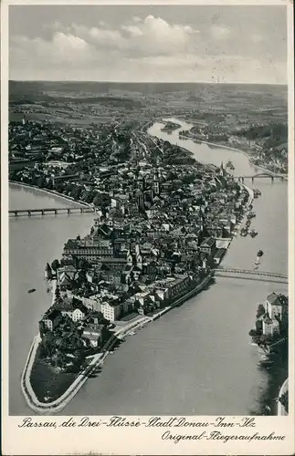 Passau Luftbild Original Fliegeraufnahme 3-Flüsse-Stadt Donau-Inn-Ilz 1939