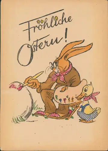 Ansichtskarte  Ostern Hase Ente Franz Moser Handcoloriert 1948