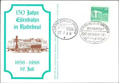 Radebeul 150 Jahre Eisenbahn   1988     rückseitig mit 2 DDR Bahnpost-Stempel