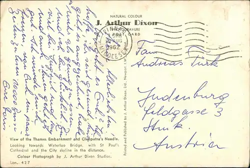 Postcard London Thames Bridge Brücke, Embankment Cleopatra Needle 1962