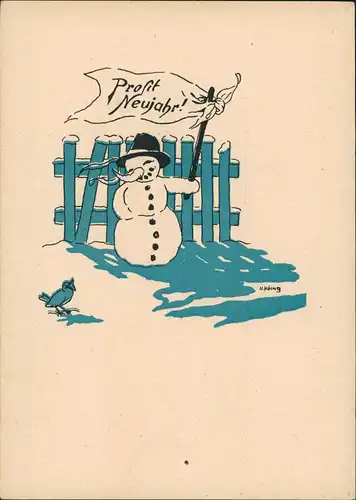 Ansichtskarte  Glückwunsch Prosit Neujahr Schneemann signierte Kunst-AK 1950