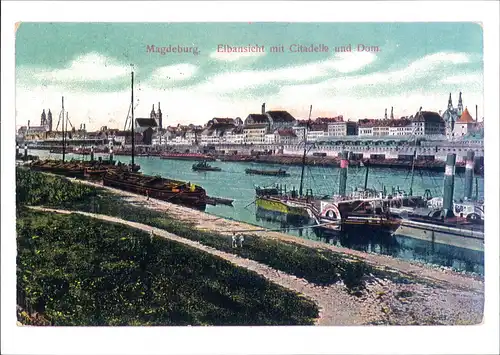 Magdeburg Repro-Ansicht Elbe Schiffe Citadelle u. Dom anno ca. 1910 2000 REPRO