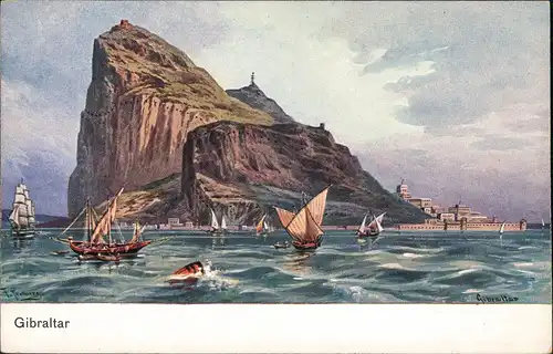 Postcard Gibraltar Panorama mit Felsen, Künstlerkarte, Art Postcard 1910