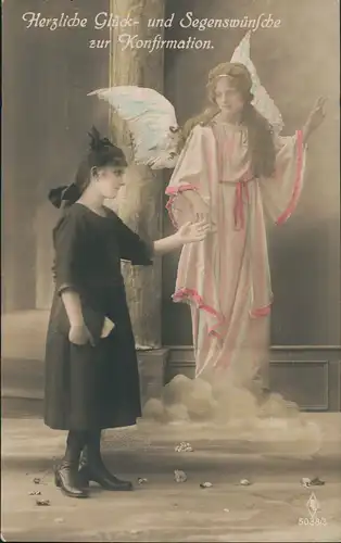 Glückwunsch Konfirmation Segen Religion Mädchen mit Engel 1922