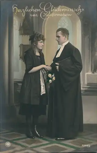 Glückwunsch zur Konfirmation Religion/Kirche Pfarrer & Mädchen 1920