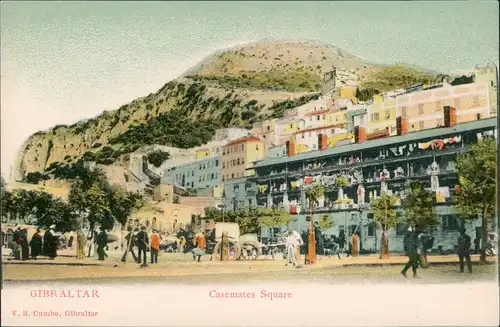 Gibraltar Casemates Square Stadtteilansicht belebter Platz, Vintage  1900