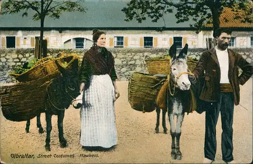 Gibraltar Street Costumes Hawkers, Einheimische mit Esel, Native People 1910