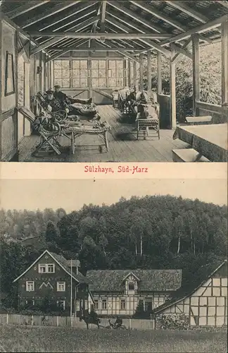 Sülzhayn-Ellrich 2-Bild-AK Militärs auf Liegen und Strassen Partie Wohnhaus 1910