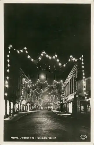 Malmö Julbelysning i Skomakaregatan Strassen Partie bei Nacht 1950