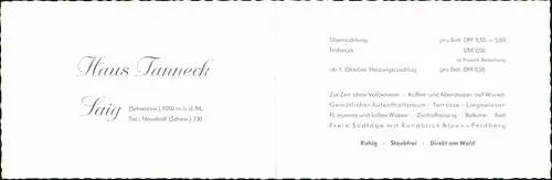 Titisee-Neustadt 2-teilige Klappkarte Reklame Haus Tanneck Saig Schwarzwald 1950