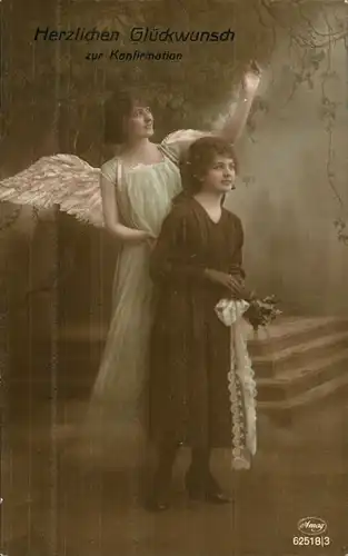 Ansichtskarte  Glückwunsch, Konfirmation, Engel, Mädchen 1920