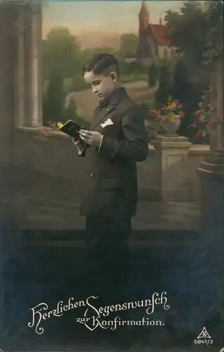 Ansichtskarte  Glückwunsch, Konfirmation, Junge, Kirche 1920