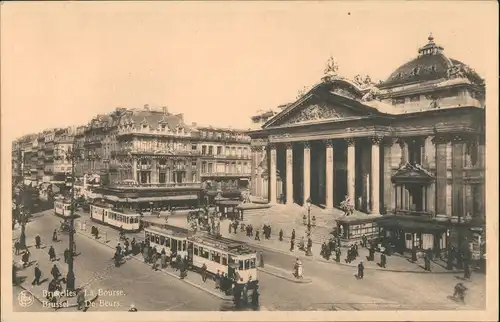 Postkaart Brüssel Bruxelles Börse und Börsenplatz, Strassenbahn 1930