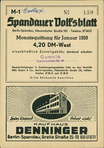 Spandau-Berlin Spandauer Volksblatt (Sammlerkarte) mit Schlachthof 1959