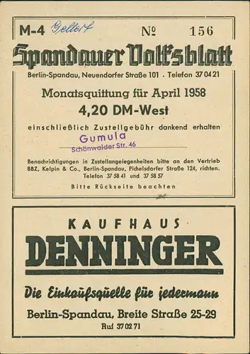 Spandau-Berlin Spandauer Volksblatt Grenze Kontrollpunkt Heerstrasse 1958