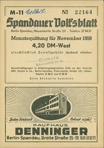 Spandau-Berlin Spandauer Volksblatt Heimatbild Staakener Straße 1959