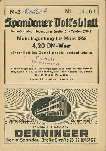 Spandau-Berlin Spandauer Heimatbild Haselhorst, Gartenfelder Straße 1959