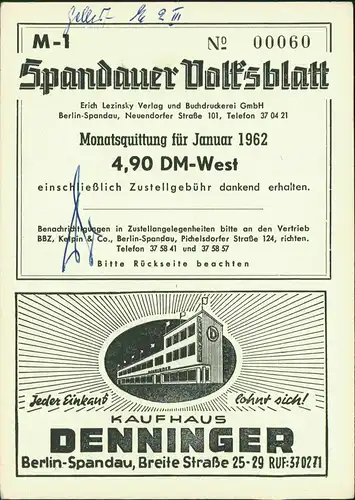 Spandau-Berlin Volksblatt Sammlerkarte Straße d. 17 Juni Blick Ostsektor 1962